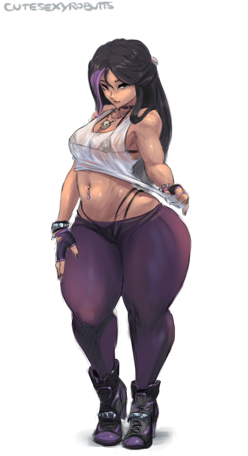 1girl black_hair breasts cutesexyrobutts fingerless_gloves highleg_panties highlights long_hair looking_at_viewer navel navel_piercing original shirt_pull standing thick_thighs thighs thong toned transparent_background transparent_clothing wide_hips