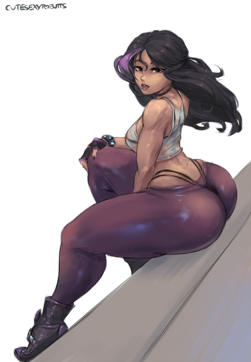 1girl ass black_hair cutesexyrobutts fingerless_gloves highleg_panties highlights large_ass long_hair looking_at_viewer looking_back open_mouth original sitting tanktop thick_thighs thighs thong toned transparent_background transparent_clothing wide_hips