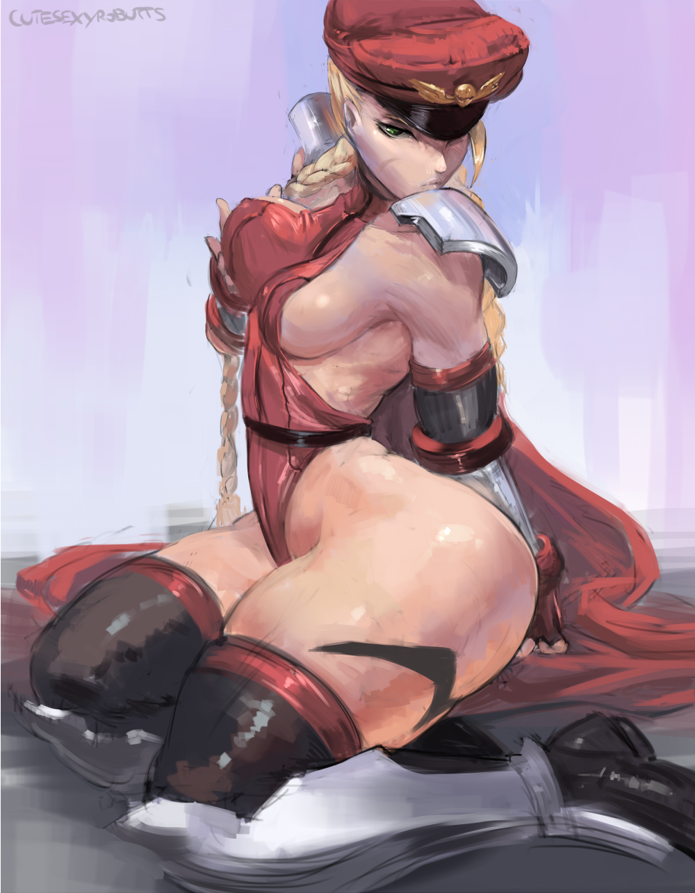 1girl 1girl alternate_costume ass blonde_hair bodypaint braided_hair breast_grab cammy_white capcom cutesexyrobutts elbow_gloves fingerless_gloves gradient_background highleg_leotard large_ass leotard long_hair red_clothes red_leotard scar sideboob sitting skindentation stockings street_fighter thick_thighs thighs twin_tails