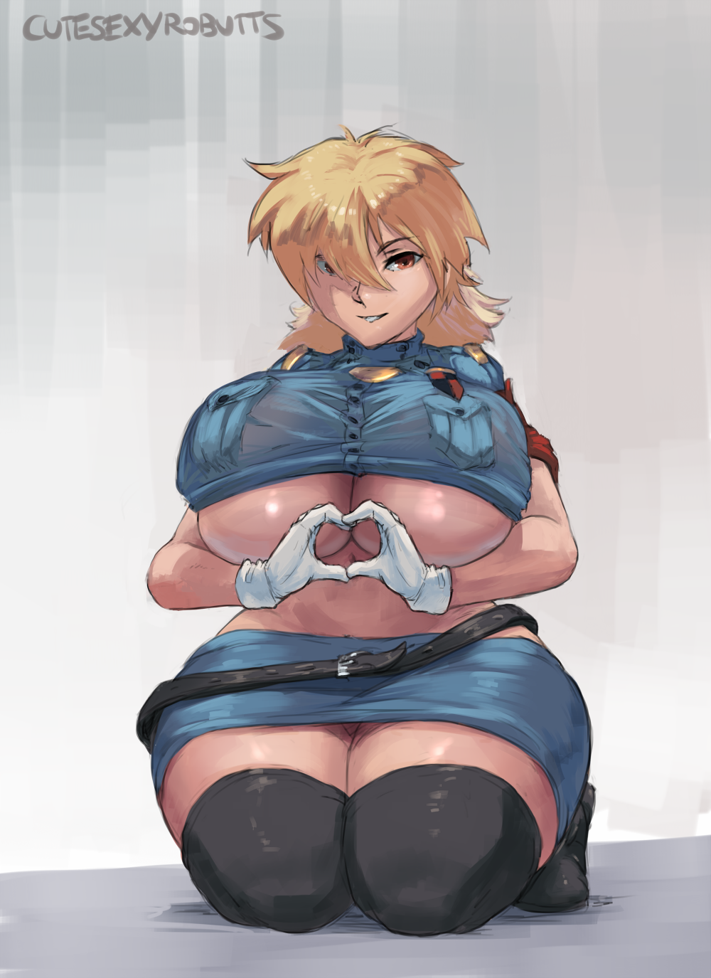 1girl big_breasts blonde_hair breasts cutesexyrobutts hair_over_one_eye heart_hands hellsing looking_at_viewer pencil_skirt police_uniform seiza seras_victoria shiny shiny_skin simple_background sitting stockings thick_thighs thighs underboob wide_hips zettai_ryouiki
