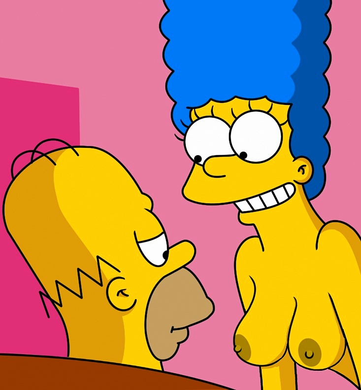 breasts erect_nipples homer_simpson marge_simpson smile the_simpsons topless