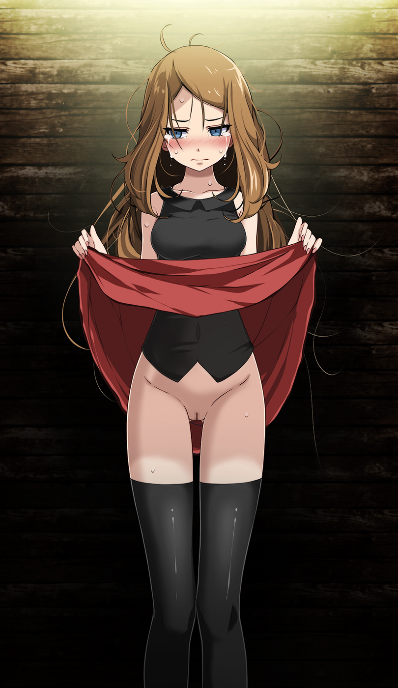 1girl 1girl against_wall ass_visible_through_thighs bangs black_legwear black_shirt blue_eyes blush breasts brown_hair censored closed_mouth clothes_lift collarbone covered_navel crying crying_with_eyes_open high_res lifted_by_self long_hair looking_away medium_breasts messy_hair miniskirt mosaic_censoring no_panties parted_bangs pokemon pokemon_(game) pokemon_xy pussy red_skirt serena_(pokemon) shiny shiny_clothes shiny_legwear shirt skirt skirt_lift sleeveless sleeveless_shirt standing stockings straight_hair sweatdrop tears thigh_gap tsukishiro_saika very_long_hair wooden_wall