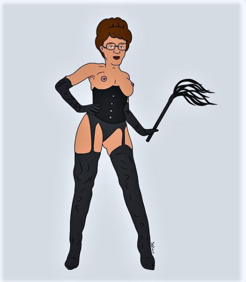 1girl breasts cat_o'_nine_tails corset dominatrix elbow_gloves erect_nipples female_only full_body garter_belt glasses gloves king_of_the_hill looking_at_viewer panties peggy_hill solo_female thigh_high_boots thighs whip