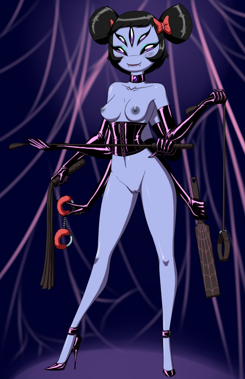 1_girl 1girl 5_eyes 6_arms arachnid areolae armwear bdsm_outfit big_breasts black_gloves breasts cat_o'_nine_tails collar crovirus dominatrix dominatrix_outfit fangs female female_anthro female_only gloves handcuffs high_heels horse_whip leash long_gloves monster monster_girl muffet multiple_arms multiple_eyes nipples non-mammal_breasts non-mammal_nipples paddle pussy red_bow riding_crop smile solo spider_girl undertale undertale_(series) weapon whip