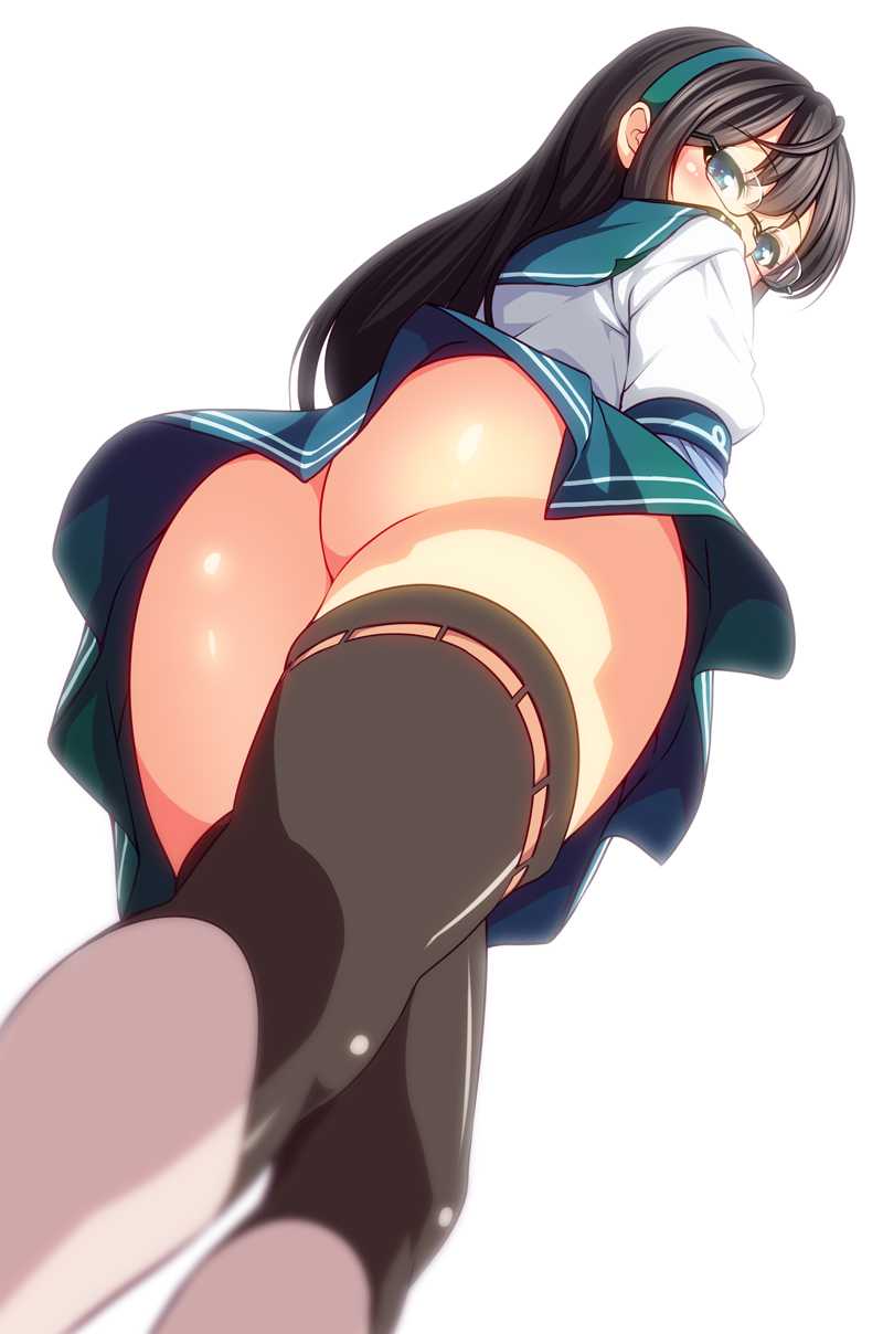 1girl 846-gou ahoge aqua_hairband ass black_hair blue_eyes blush brown_hair clothing curvaceous dat_ass female_only from_behind green_skirt hairband high_resolution huge_ass kantai_collection light-skinned long_hair looking_at_viewer looking_back looking_down megane nopan ooyodo_(kantai_collection) pleated_skirt puffy_short_sleeves puffy_sleeves rimless_eyewear rimless_glasses sailor_collar school_uniform serafuku shirt short_sleeves simple_background skirt stockings tareme thick_thighs thighs upskirt very_long_hair viewed_from_below walking white_background white_shirt wide_hips