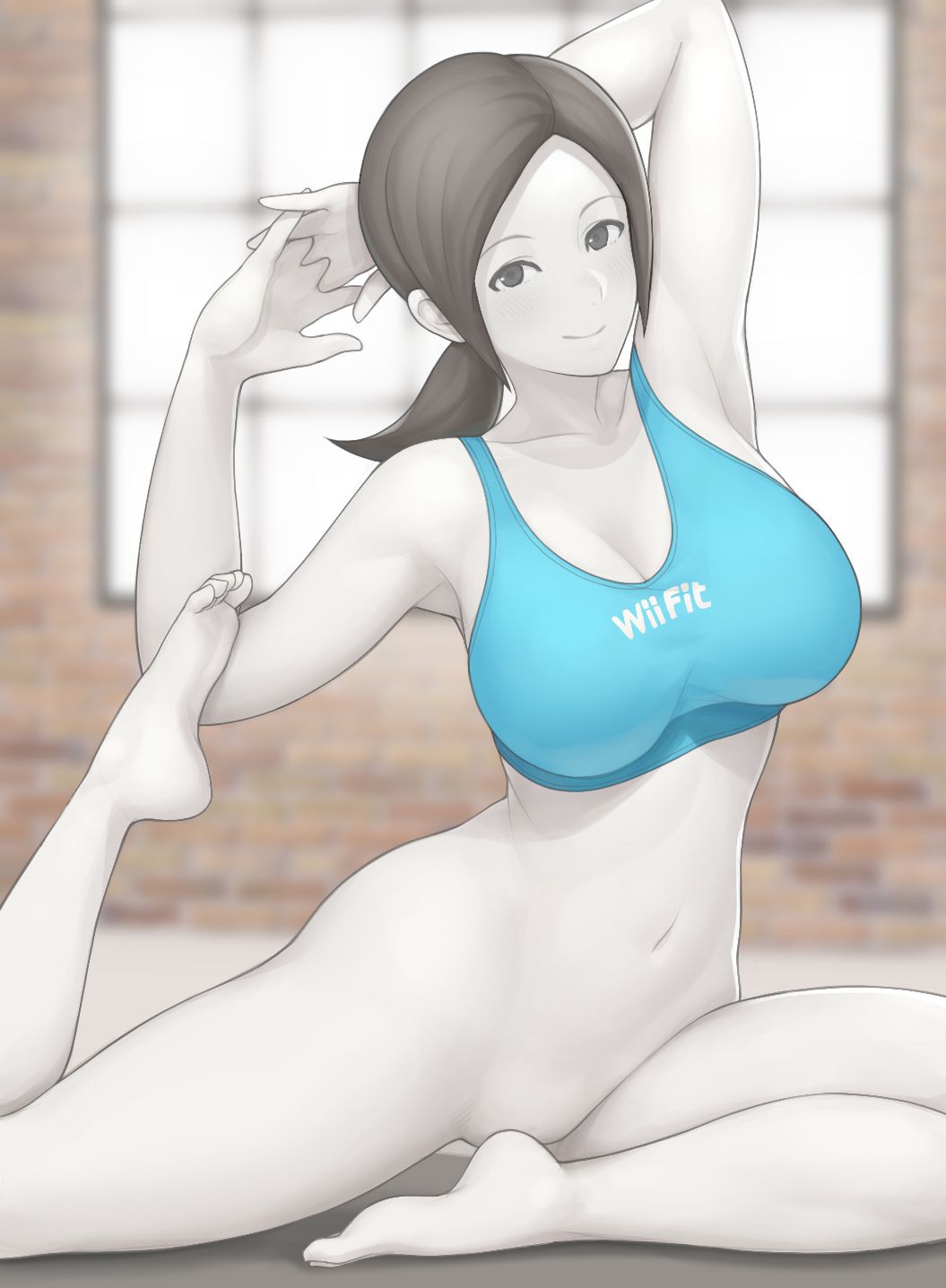 alluring bottomless bottomless_female excersize looking_at_viewer naked_from_the_waist_down sports_bra stretching wii_fit wii_fit_trainer