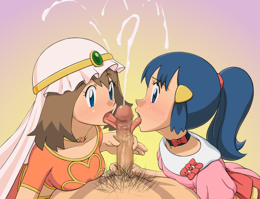 1boy 2girls blue_eyes blue_hair bow breasts brown_hair cfnm choker clothed cum cum_explosion cum_on_face dawn dawn_(pokemon) double_fellatio fellatio female female_human handjob hikari_(pokemon) human licking_penis male may_(pokemon) necklace oral oral_sex penis_lick pokemon pokemon_(anime) pov pubic_hair threesome tongue veil
