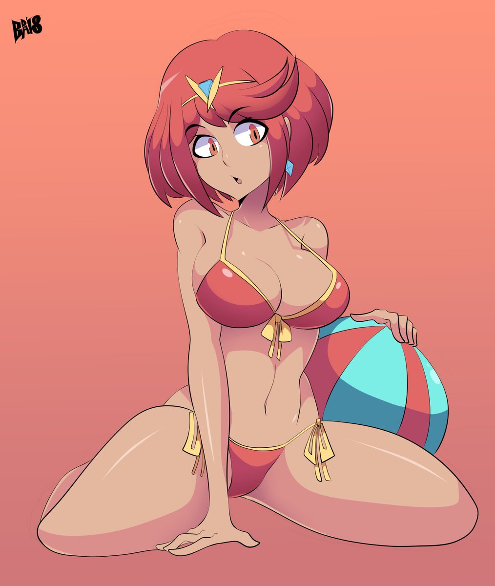 1girl alluring beachball big_breasts bikini breasts character_request cleavage earrings pyra red_eyes red_hair xenoblade_(series) xenoblade_chronicles xenoblade_chronicles_2