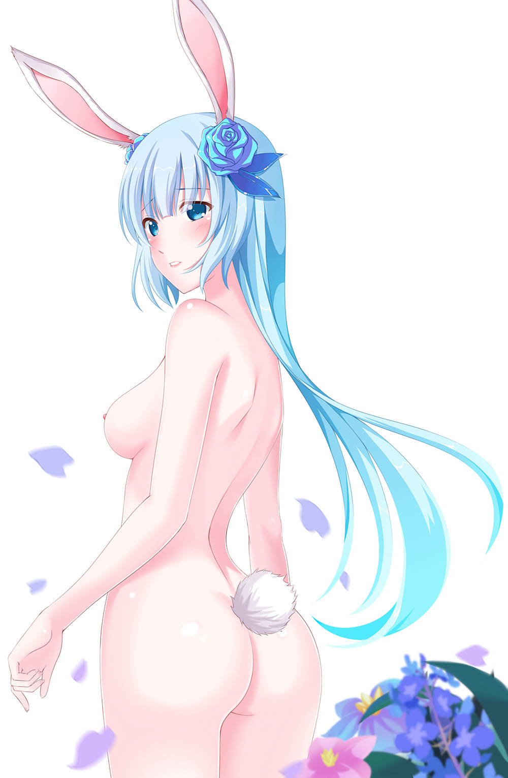 1girl 1girl animal_ears arms_at_sides ass bangs blue_eyes blue_hair blurry blush breasts bunny_ears bunny_tail cowboy_shot depth_of_field eyebrows_visible_through_hair flower from_behind hair_flower hair_ornament high_resolution long_hair looking_at_viewer nipples nude petals sideboob sidelocks smile standing tail wangzhe_rongyao white_background wulock