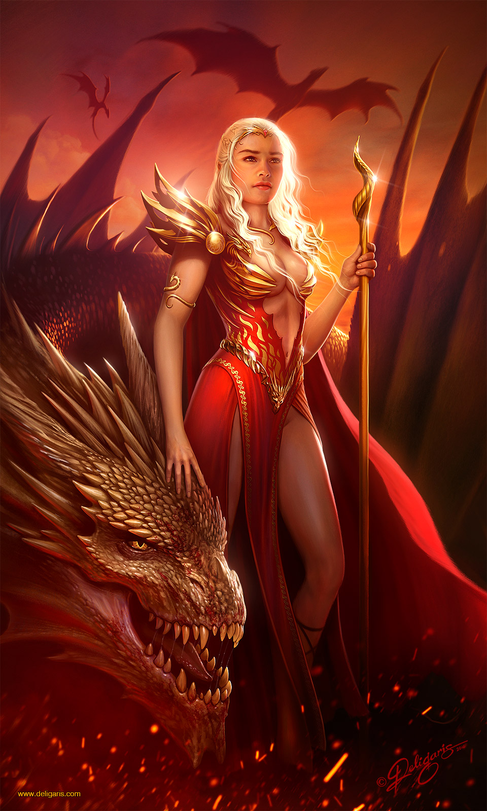 a_song_of_ice_and_fire cleavage clothed daenerys_targaryen dragon dress female revealing_clothes scepter