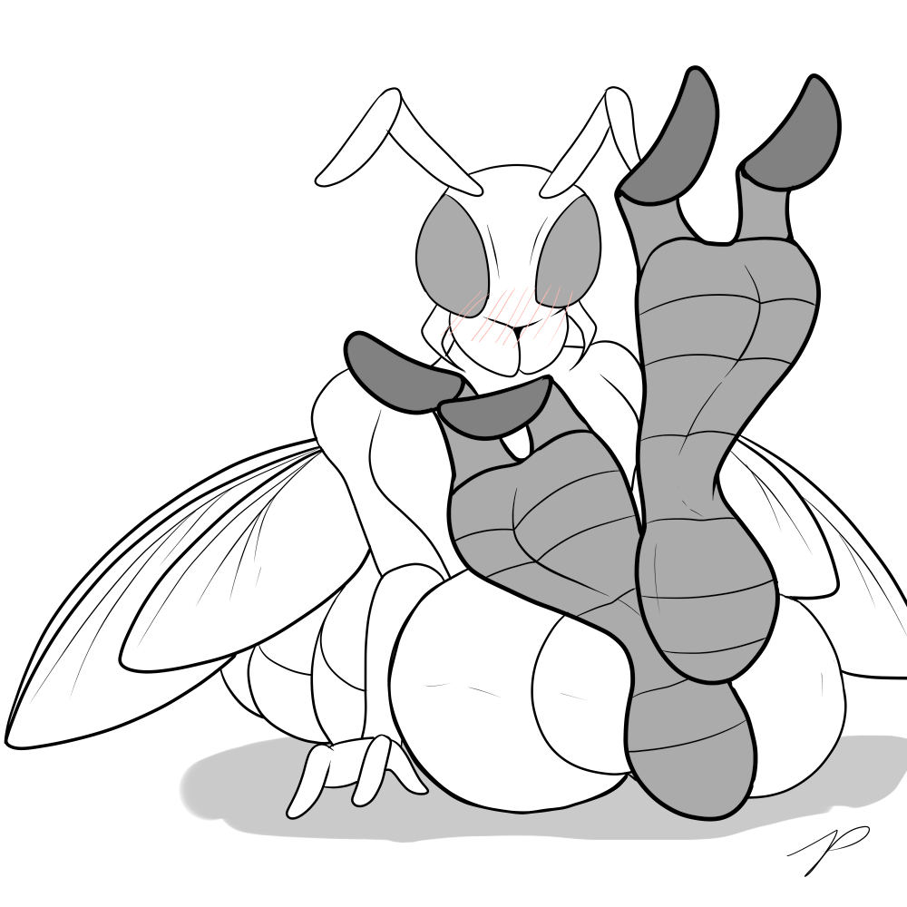 1girl 2_toes ambiguous_gender anthro arthropod blush feet foot_focus insect insect_wings monochrome plantigrade toes wasp wings zp92