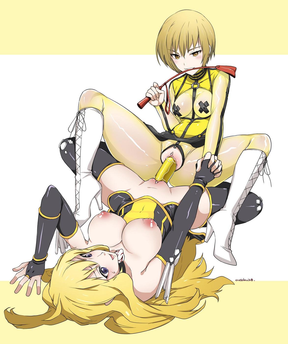 2girls big_breasts blonde_hair breasts brown_hair chie_satonaka crossover dildo double_dildo eudetenis female_only large_breasts long_hair multiple_girls nipple_tape nipples open_mouth persona persona_4 riding_crop rwby satonaka_chie short_hair vaginal vaginal_insertion yang_xiao_long yuri