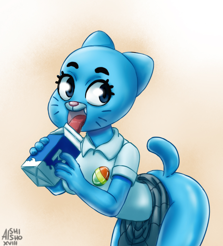 1girl alshishou_(artist) anthro ass bent_over blue_fur cartoon_network cat clothed clothing collared_shirt feline fur furry licking looking_at_viewer mammal mature_female nicole_watterson no_underwear open_mouth raised_skirt skirt the_amazing_world_of_gumball tongue tongue_out
