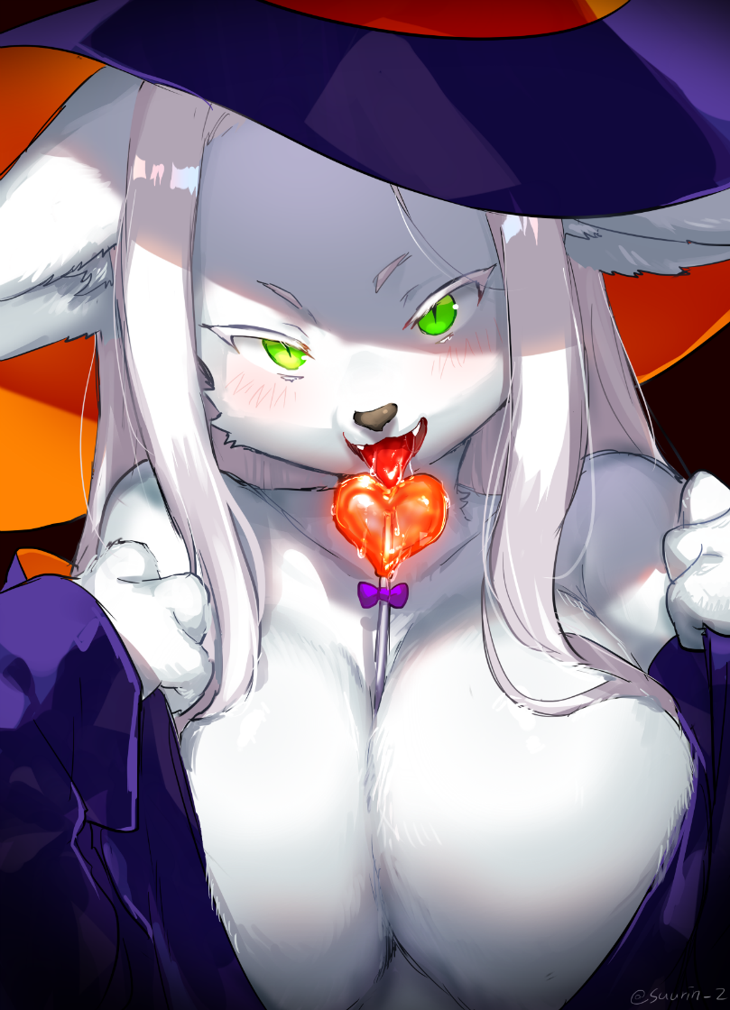 1girl anthro between_breasts big_breasts black_nose breasts bust_portrait candy cat cleavage clothed clothing fangs feline food fur furry green_eyes hair hat huge_breasts ksyaro licking lollipop long_hair looking_at_viewer mammal portrait robe saliva seductive slit_pupils suggestive tongue tongue_out white_fur white_hair witch_hat