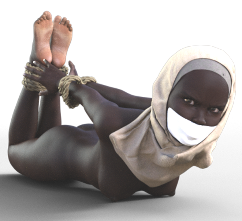 1girl african bondage dark_skin daz3d gagged hogtie scarf transparent_background