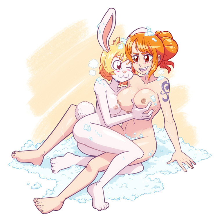 1girl 2_girls animal_ears areola bangs bath bathing big_breasts blonde blush breasts brown_eyes bubble_bath bunny_ears bunny_tail carrot_(one_piece) completely_nude elbow eyebrows eyelashes furry itsdatskelebutt knees long_hair multiple_girls nami_(one_piece) nipples nude one_piece open_mouth orange_hair short_hair shoulders sitting smile soap tail