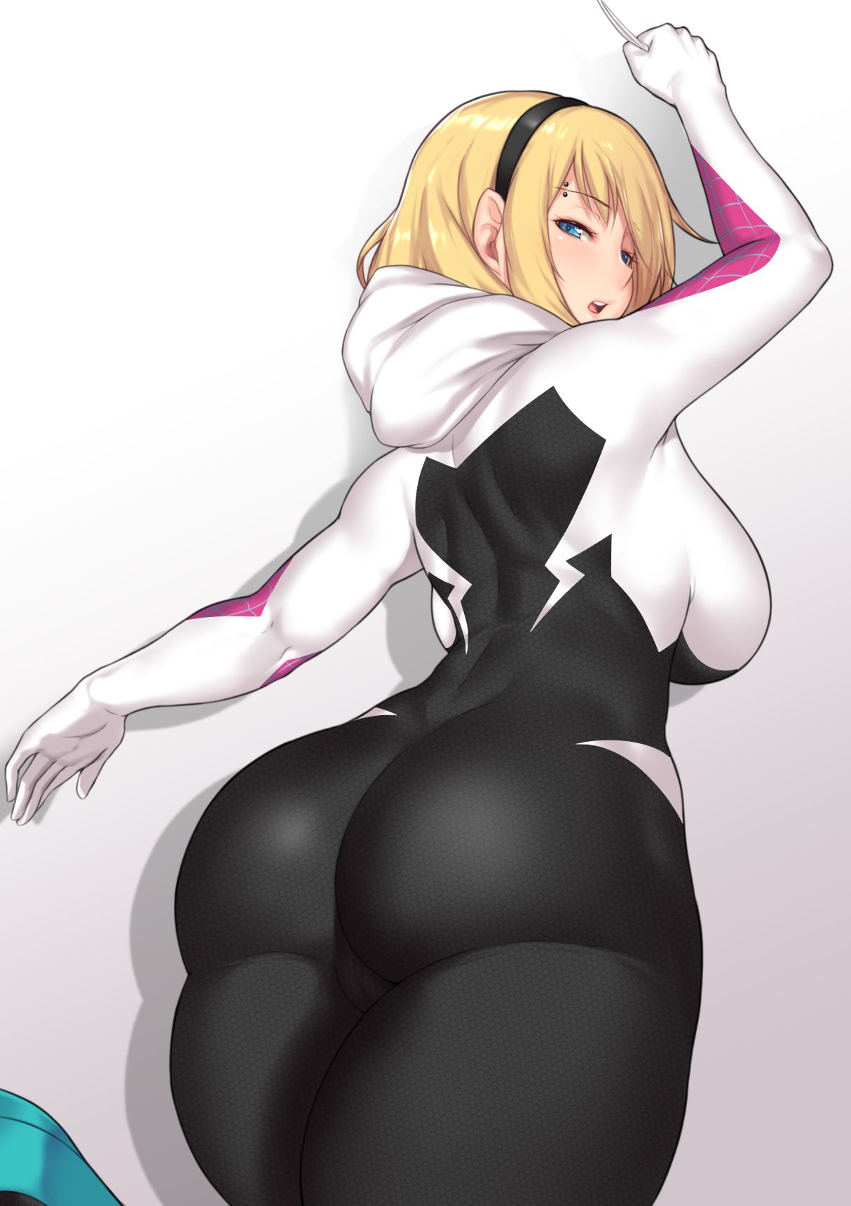 1girl ass aster_crowley big_ass big_breasts blonde_hair blue_eyes cameltoe comic_book_character female_focus female_only ghost_spider gwen_stacy headband high_res high_resolution looking_back marvel marvel_comics older older_female patreon patreon_paid patreon_reward short_hair solo_female solo_focus spider-gwen spider-man:_into_the_spider-verse spider-man_(series) superheroine thick_thighs young_adult young_adult_female young_adult_woman