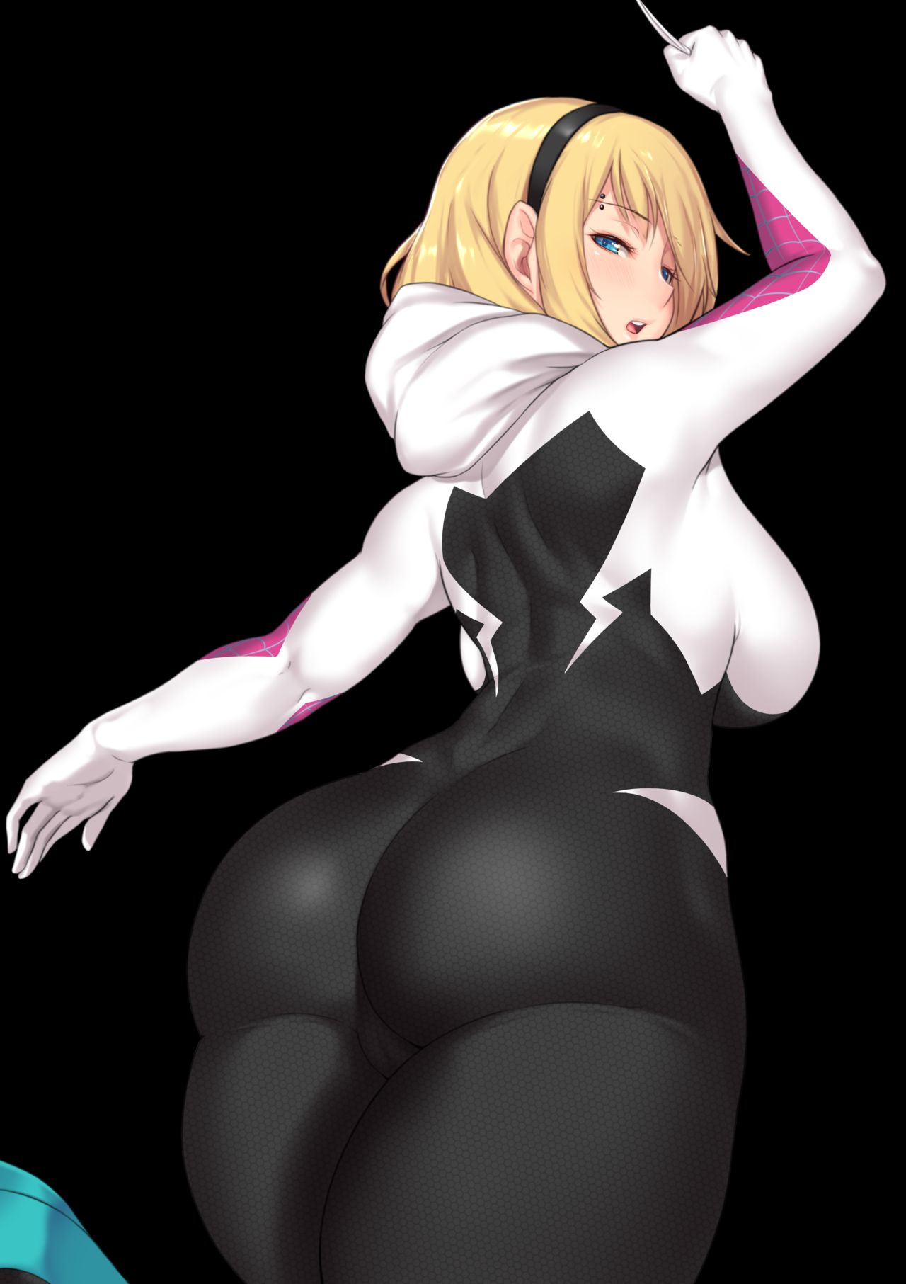 1girl ass aster_crowley big_ass big_breasts blonde_hair blue_eyes cameltoe comic_book_character female_focus female_only ghost_spider gwen_stacy headband high_res high_resolution looking_back marvel marvel_comics older_female patreon patreon_paid patreon_reward short_hair solo_female solo_focus spider-gwen spider-man:_into_the_spider-verse spider-man_(series) superheroine thick_thighsolder young_adult young_adult_female young_adult_woman