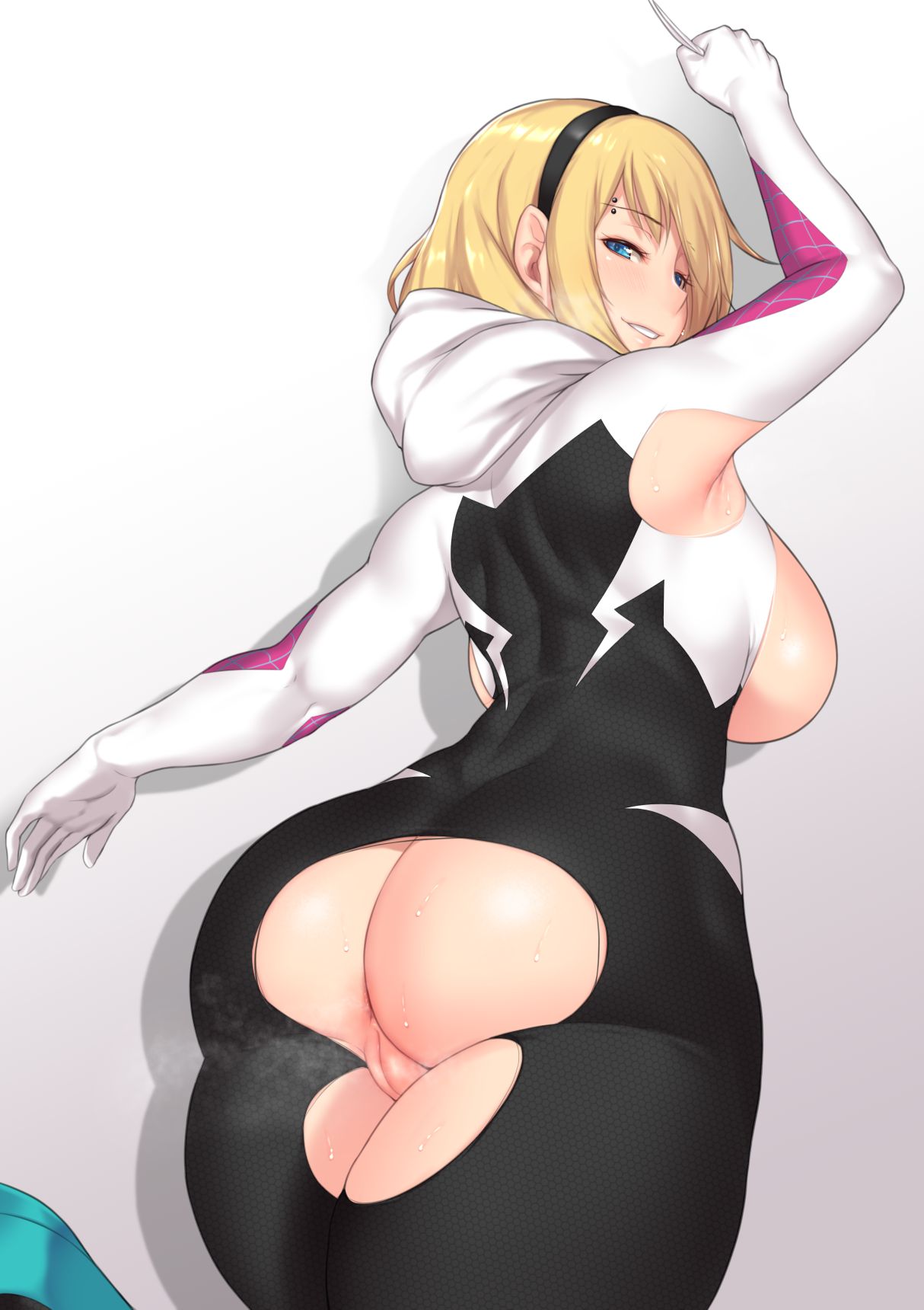 1girl ass aster_crowley big_ass big_breasts blonde_hair blue_eyes comic_book_character female_focus female_only ghost_spider gwen_stacy headband high_res high_resolution looking_back marvel marvel_comics older older_female paipan patreon patreon_paid patreon_reward pussy short_hair sideboob smile solo_female solo_focus spider-gwen spider-man:_into_the_spider-verse spider-man_(series) superheroine sweat thick_thighs young_adult young_adult_female young_adult_woman