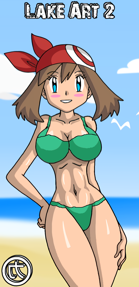 alluring beach bikini female_abs green_bikini haruka_(pokemon) high_resolution kageta lake_art may may_(pokemon) ocean pokemon sand voluptuous water