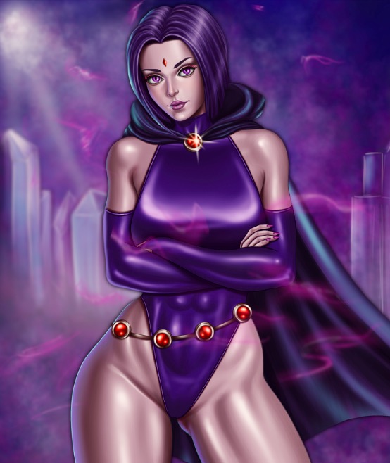 1girl arms_crossed big_breasts blue_eyes breasts cape clothed dc dc_comics elbow_gloves female female_only flow4master forehead_jewel grey_skin half_demon hips leotard looking_at_viewer purple_hair purple_nails raven_(dc) revealing_clothes sexy short_hair slut solo standing superheroine teen_titans thighs thong_leotard