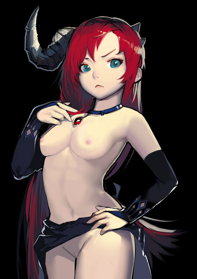 1girl 1girl bella_(crusaders_quest) blue_eyes breasts crusaders_quest horn nipples photoshop red_hair small_breasts