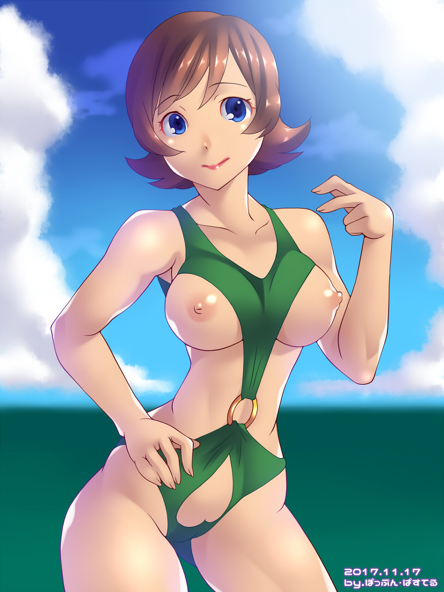 1girl 1girl 1girl big_breasts blue_eyes blush breasts brown_hair cameltoe chargeman_ken! curvaceous eyebrows_visible_through_hair female_only female_solo hand_on_hip high_resolution izumi_saori lipstick looking_at_viewer makeup nipples nude pop'n_pastel shiny shiny_skin short_hair swimsuit wide_hips
