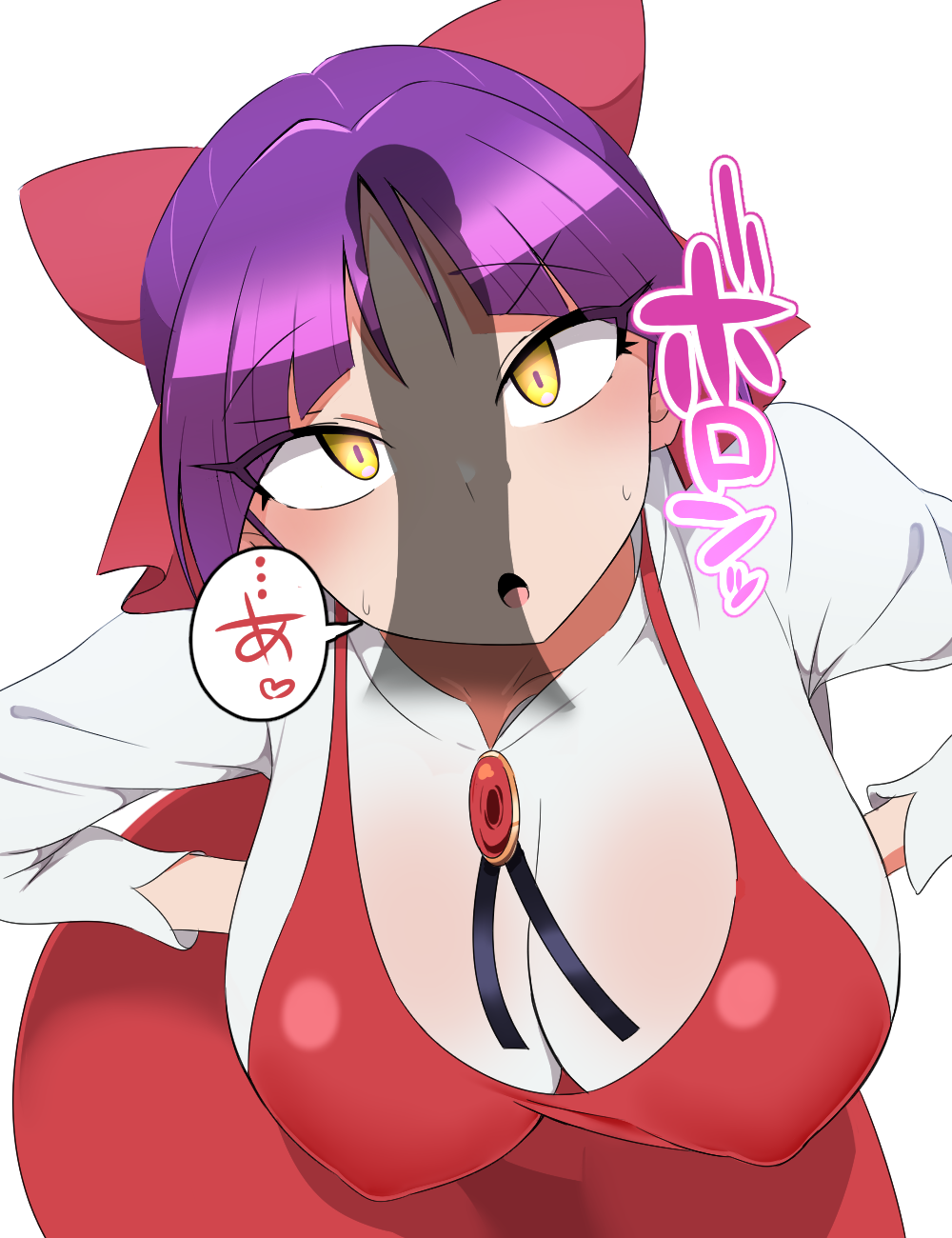 1girl :o big_breasts bow_on_head breasts gegege_no_kitaro japanese_clothes japanese_text mouth_open neko_musume nipples penis_shadow purple_hair shocked sweat yellow_eyes