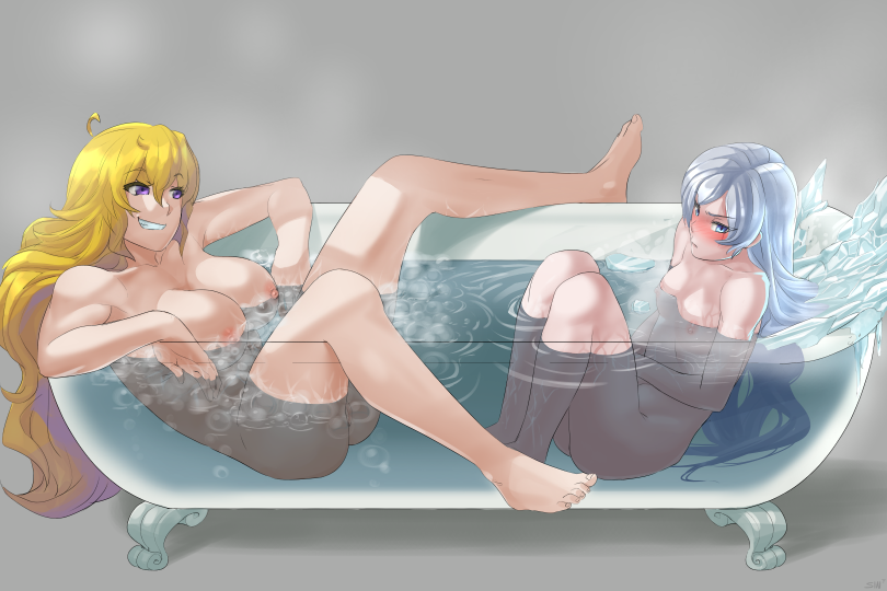 1girl 2_girls 3:2_aspect_ratio 5_toes barefoot bathing bathtub big_breasts blonde blue_eyes blush breasts claw_foot_bathtub completely_nude feet frown grey_background grin hugging ice long_hair multiple_girls nude partially_submerged purple_eyes rwby silver_hair sinccubi sitting small_breasts smile smirk spread_legs weiss_schnee wet white_background x-ray yang_xiao_long