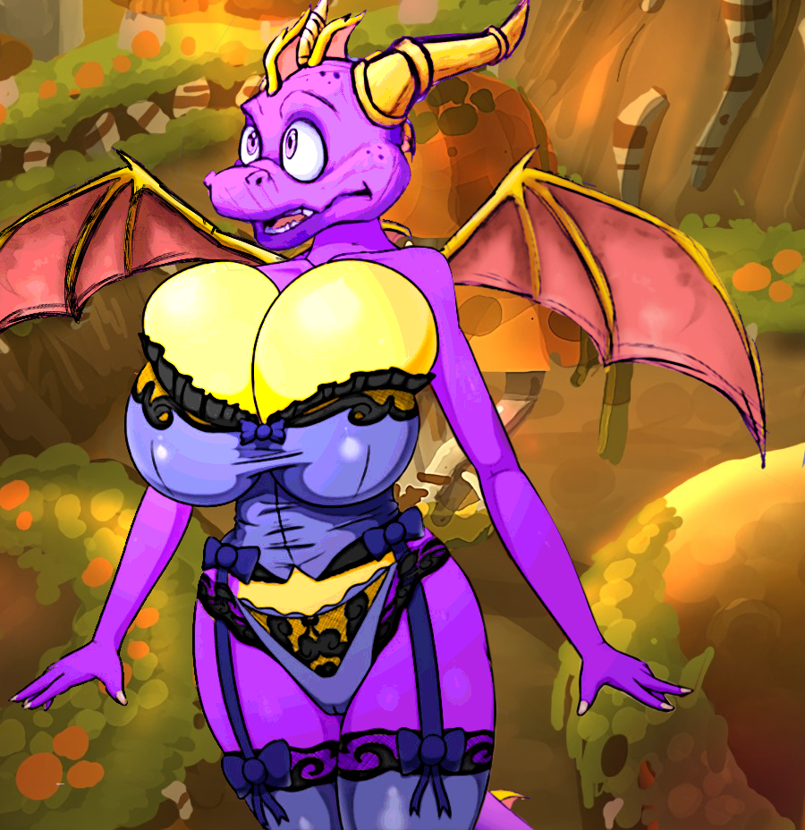 1girl 1girl big_breasts breasts dragon panties purple_skin scalie spyro spyro_the_dragon stockings swamp tail thick_thighs underwear video_games voluptuous