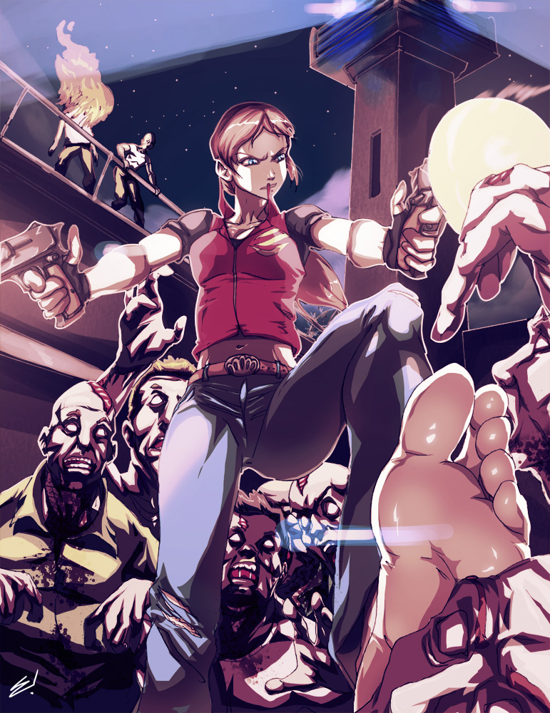 1girl barefoot brown_hair claire_redfield feet gun resident_evil scamwich soles toes zombie