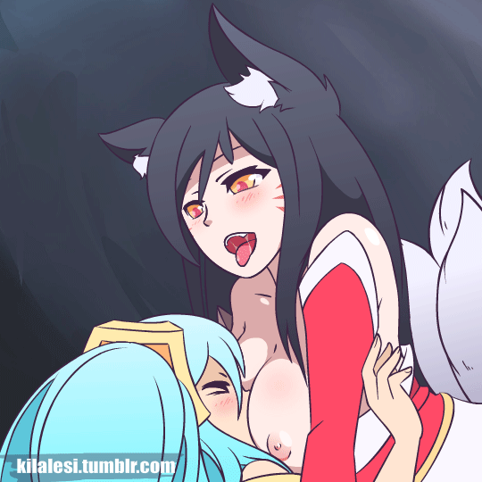 &gt;_&lt; 1:1_aspect_ratio 1girl 2_girls ahri animal_ears areola big_breasts black_hair blue_hair blush bouncing_breasts breast_smother breasts closed_eyes facial_mark fox_tail gif kilalesi kilalesi_(artist) league_of_legends multiple_girls naughty_face nipples riot_games saliva sex sona_buvelle tail tied_hair tongue tongue_out twin_tails yellow_eyes yuri