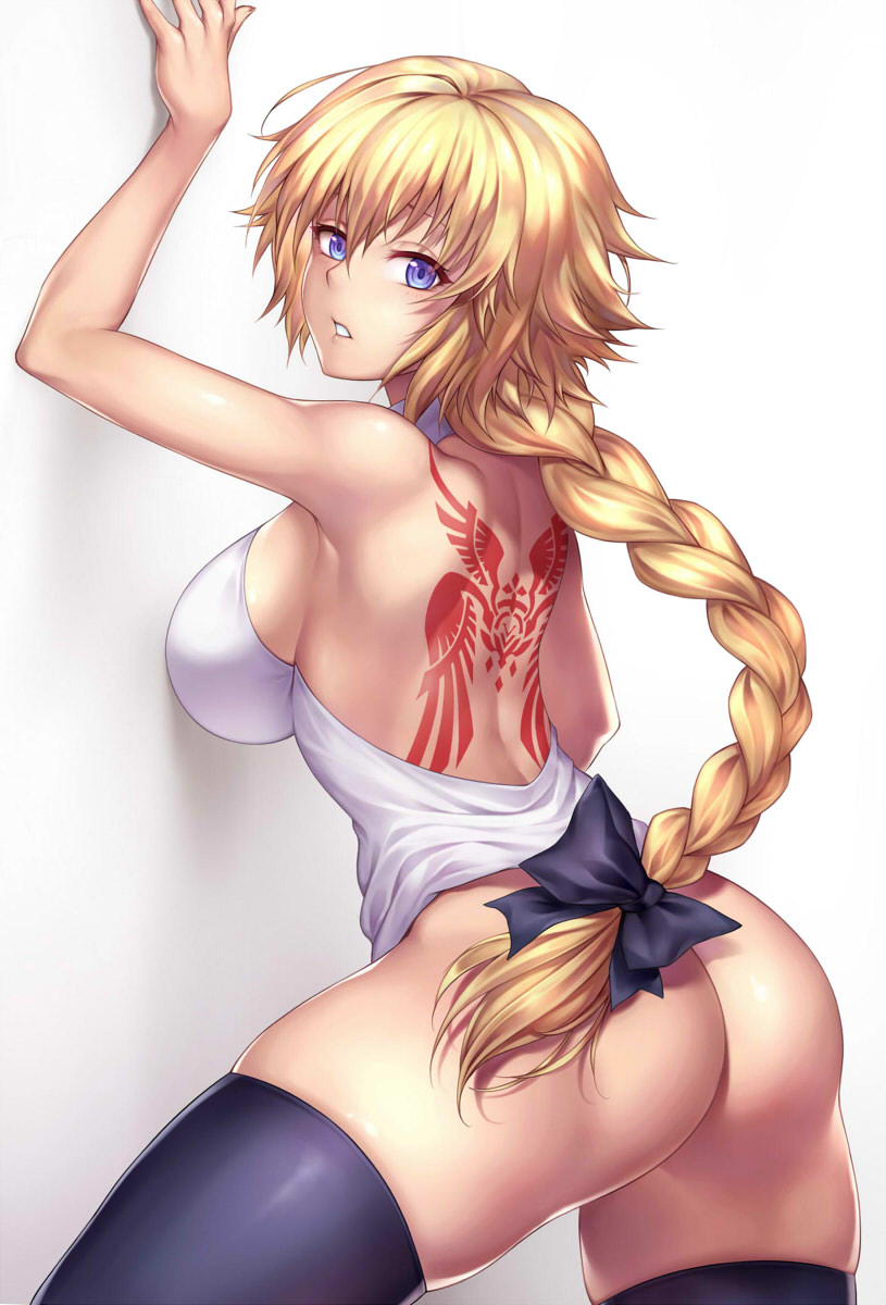 1girl 1girl 1girl against_wall ass backless_outfit bare_shoulders big_breasts black_legwear blonde blue_eyes blush bottomless braid breasts command_spell fate/apocrypha fate/grand_order fate_(series) from_behind hair_between_eyes hair_ornament hair_ribbon high_resolution jeanne_d'arc_(fate) jeanne_d'arc_(fate)_(all) long_braid long_hair looking_at_viewer looking_back nasaniliu nopan parted_lips ribbon sideboob stockings teeth tied_hair very_long_hair