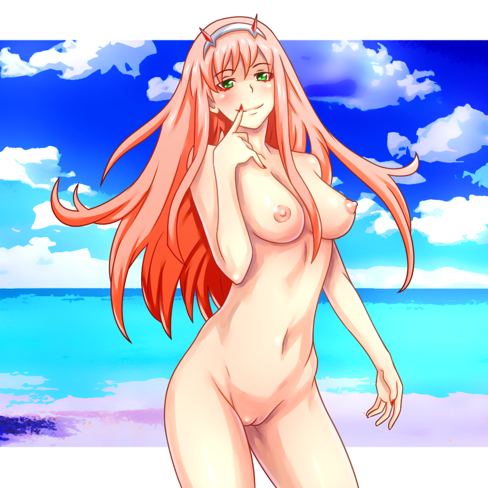 1:1_aspect_ratio 1girl 1girl 1girl aqua_eyes breasts darling_in_the_franxx eyebrows_visible_through_hair finger_to_mouth hairband horns long_hair looking_at_viewer medium_breasts nike_(0306) nipples nude pink_hair pussy smile spread_legs standing uncensored white_hair_ornament white_hairband zero_two_(darling_in_the_franxx)