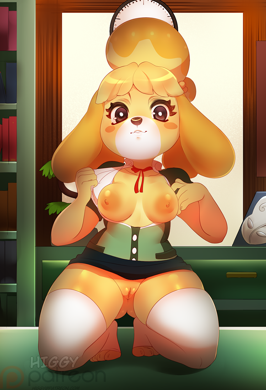 1girl 1girl animal_crossing anthro breasts canine clothed clothing furry higgyy inside isabelle_(animal_crossing) kneel legwear looking_at_viewer mammal nintendo nipples pussy short_stack smile stockings video_games