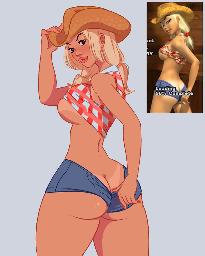 1girl blonde_hair comparison cowboy_hat hiacinthy hot_pants hotpants leisure_suit_larry looking_at_viewer looking_down picture_in_picture sally_mae_beauregard sideboob tan_line tanned twin_tails under_boob