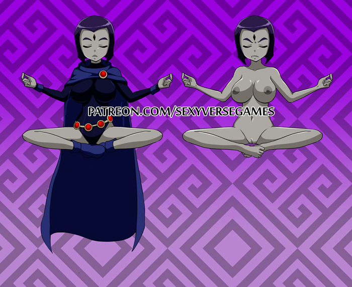 1girl amonzone big_breasts breasts cloak completely_nude dc_comics female_only forehead_jewel indian_style leotard meditation midair nude purple_eyes purple_hair raven_(dc) short_hair sitting teen_titans
