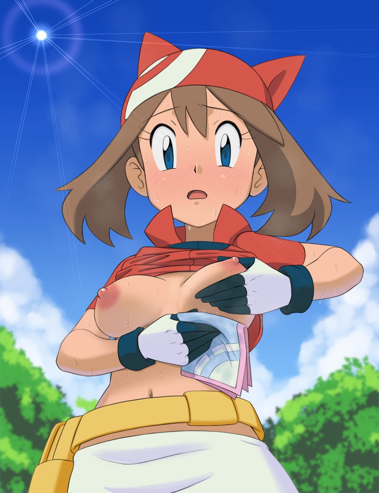 1_girl 1girl blue_eyes blue_sky breasts breasts_grab day erect_nipples exhibitionism exposed_breasts female female_human female_only forest haruka_(pokemon) human lifted_by_self looking_at_viewer may may_(pokemon) medium_breasts mostly_clothed no_bra open_mouth outdoor outside pokemon pokemon_character shirt_lift sky solo standing topless