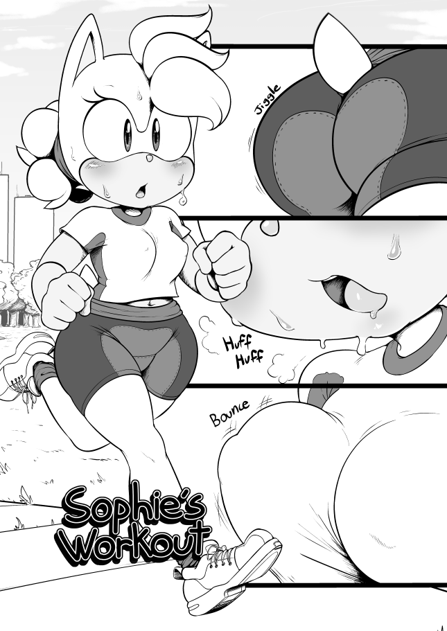 1girl 1girl anthro argento blush bouncing_breasts breasts clothed clothing comic english_text footwear furry greyscale hedgehog mammal monochrome nipple_bulge open_mouth shoes sophie_(argento) sweat text wide_hips