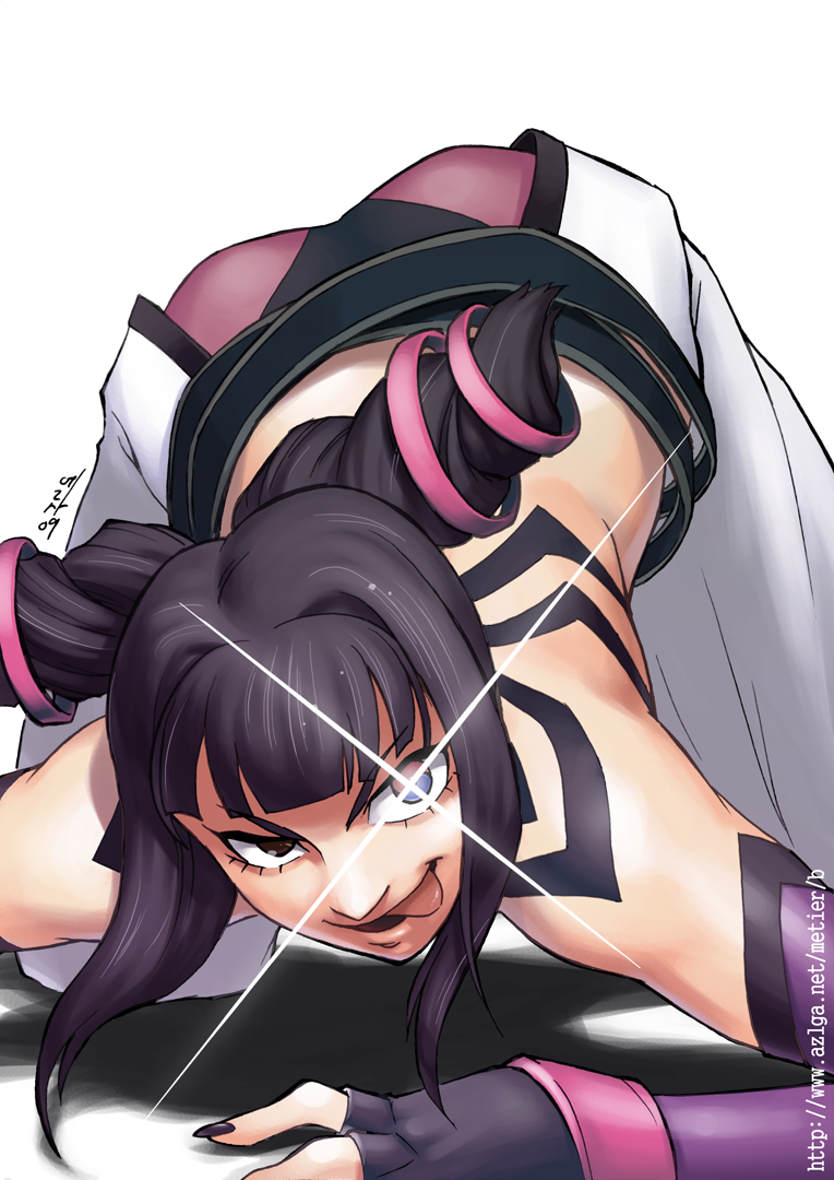 :p all_fours ass back baggy_pants belt black_hair black_nails capcom chaps detached_sleeves drill_hair elbow_gloves fingerless_gloves gloves glowing glowing_eye glowing_eyes halter_top halterneck juri_han metier2501 nail_polish naughty_face pants solo street_fighter street_fighter_iv tongue tongue_out top-down_bottom-up twin_drills