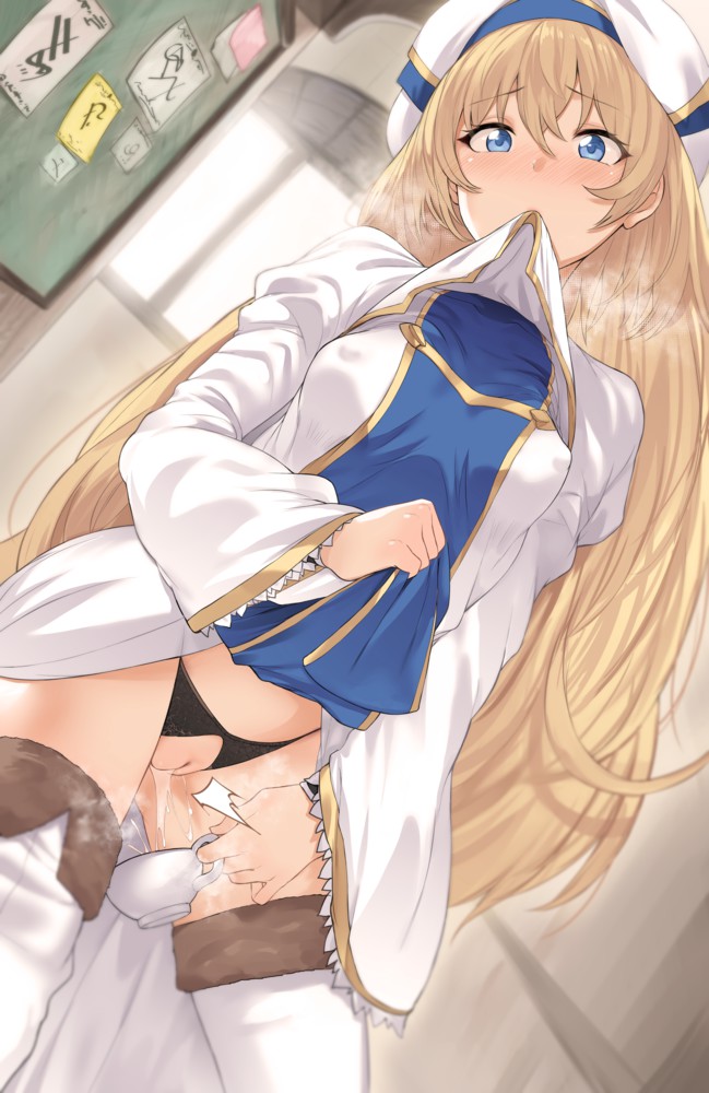 black_underwear blonde_hair blue_eyes bottomless clothed_female crotchless_panties erection_under_clothes female_only goblin_slayer! hews_hack lifted_by_self looking_at_viewer medium_breasts mouth_hold nipples_visible_through_clothing priestess_(goblin_slayer!) skirt_lift teacup uncensored urinating vaginal_juice_drip vaginal_juices