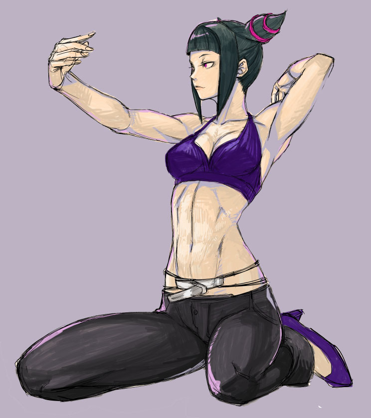 abs alternate_costume arm_up armpits bangs bare_shoulders black_hair blunt_bangs capcom drill_hair full_body grey_background halter_top halterneck han_juri hands high_heels kimuchi midriff muscle navel pants pink_eyes red_eyes rough shoes simple_background sitting sketch sleeveless solo street_fighter street_fighter_iv tetsu_(kimuchi) toned twin_drills twintails wariza
