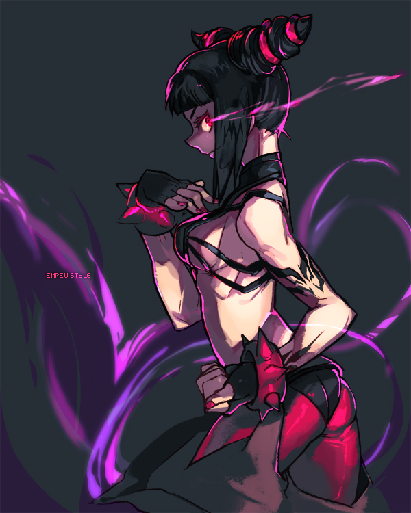 bad_id bare_shoulders black_hair breasts capcom drill_hair empew fingerless_gloves from_side gloves glowing glowing_eye halter_top halterneck juri_han light_trail nail_polish pink_nails profile side sideboob solo spikes street_fighter street_fighter_iv super_street_fighter_iv tattoo twin_drills