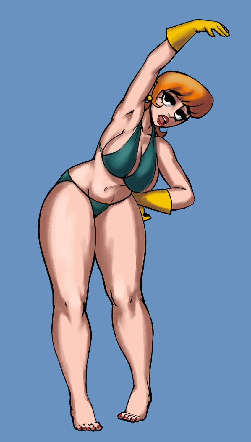 armpits bikini dexter's_laboratory dexter's_mom gloves milf simple_background stretch stretching thick_thighs