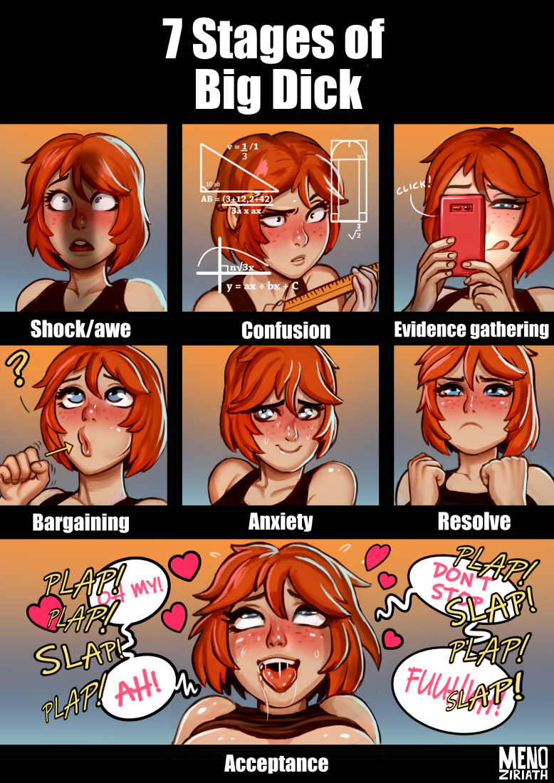 1girl 7_stages_of_big_dick ahe_gao arrow black_topwear blue_eyes blush comic drooling fist funny heart implied_sex math meme menoziriath open_mouth penis_awe penis_shadow phone red_hair ruler saliva shadow sound_effects surprised sweat sweatdrop text text_bubble top_lift