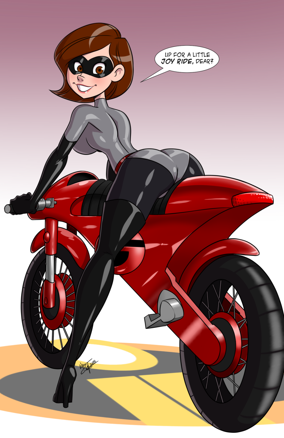 aeolus ass big_ass big_breasts bodysuit breasts disney domino_mask female helen_parr leotard looking_at_viewer looking_back milf motorcycle pixar solo speech_bubble tease text the_incredibles the_incredibles_2 vehicle