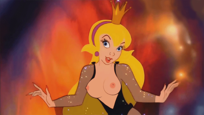 1girl animated black_dress blonde_hair breasts clothed crown dangergirlfan dragon's_lair dress exposed_breasts female gif no_bra princess_daphne