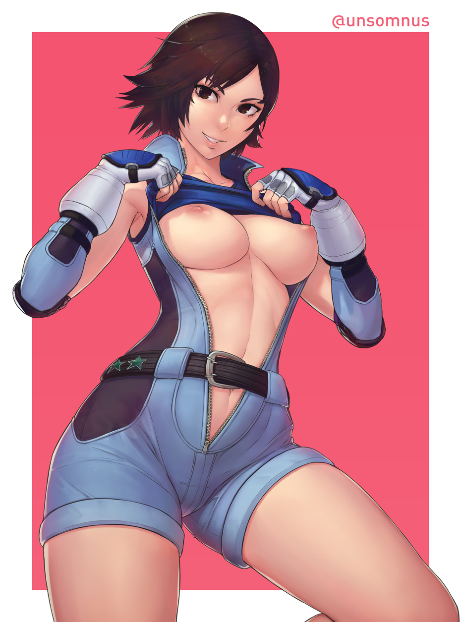 1girl areola artist_name belt breasts brown_eyes brown_hair commentary_request elbow_gloves eyelashes female_abs fingerless_gloves gloves high_res kazama_asuka looking_at_viewer medium_breasts namco nipples shirt_lift short_hair smile teeth tekken tekken_5_dark_resurrection tekken_7 tekken_tag_tournament_2 undressing unsomnus unzipped zipper