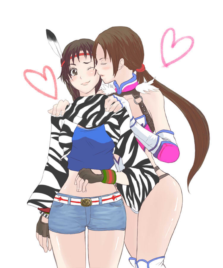 1girl 2_girls alluring alternate_costume bakashibu blush boots brown_eyes brown_gloves brown_hair closed_eyes clothed elbow_gloves elbow_pads fingerless_gloves gloves headdress heart human jaycee julia_chang kissing knee_boots long_hair love michelle_chang midriff milf mother_&amp;_daughter multiple_girls namco navel one_eye_closed short_shorts shorts split_ponytail tekken tekken_1 tekken_2 tekken_7 tekken_tag_tournament tekken_tag_tournament_2 white_gloves wink wrestling_outfit zebra_print