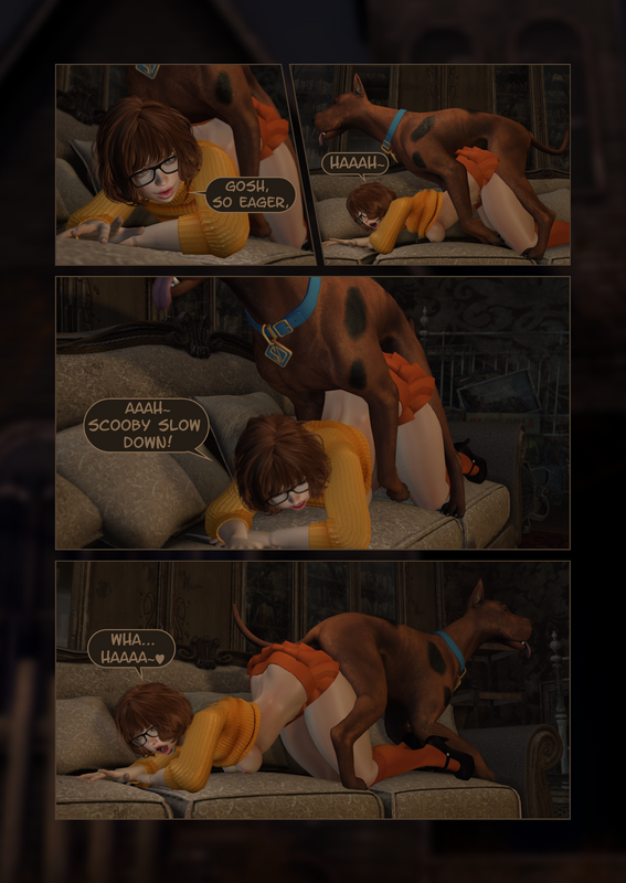 1boy 1girl all_fours beastiality bespectacled clothed comic couch dog doggy_position female female_human female_human/dog female_human/male_dog glasses hanna-barbera high_heels human knotted_penis male male/female male_dog no_bra on_all_fours scooby scooby-doo sex short_hair skirt skirt_lift socks velma_dinkley zoophilia